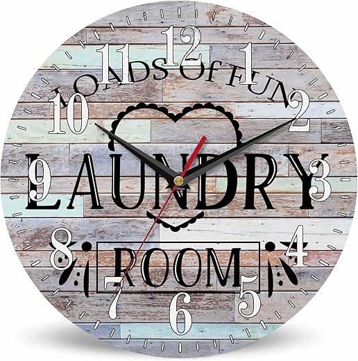 Laundry Room Wall Clock Colored Wooden Boards Simple 10 Inch Silent Non Ticking Battery Operated Clock Vintage Round Clock for Living Room Bedroom Bathroom Office Decor