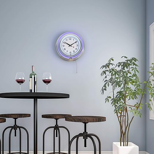 Lavish Home Neon Wall Clock- 14” Round, Double Light Ring, Dual Power, Analog Quartz Timepiece- Retro Decor for Bar, Garage & Game Room (Purple)