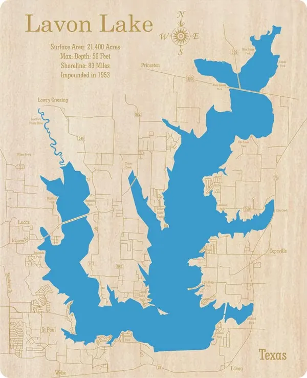 Lavon Lake, Texas: Contemporary Wood Laser Engraved Map | Custom Text Included | Wood Sign | Wall Hanging| Nautical Art | 2D Wood Map | Wall Art | Made to Order 15 x 23