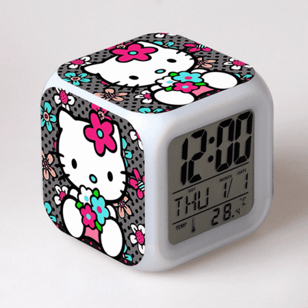 LED Alarm Clock Hello Kitty Pattern Creative Desk Table Clock Glowing Electronic Colorful Digital Clock for Unisex Adults Girl Boy Kids Children Toy Birthday Present Gift