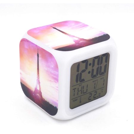 Led Alarm Clock Romantic Eiffel Tower Pattern Pink Sunset Personality Creative Noiseless Multi-Functional Electronic Desk Table Digital Alarm Clock for Unisex Adults Kids Toy Gift