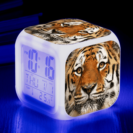 LED Alarm Clock Tiger Pattern Creative Desk Table Clock Glowing Electronic Colorful Digital Clock for Unisex Adults Girl Boy Kids Children Toy Birthday Present Gift