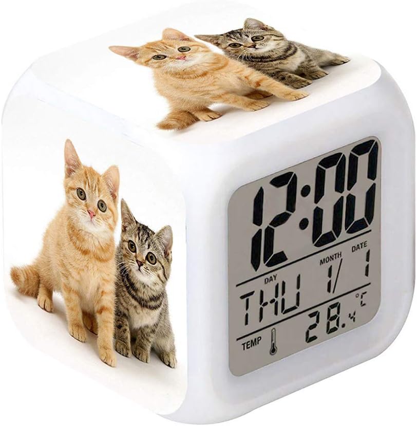 LED Alarm Clock Two Cat Pattern Creative Desk Table Clock Glowing Electronic Colorful Digital Clock for Unisex Adults Girl Boy Kids Children Toy Birthday Present Gift