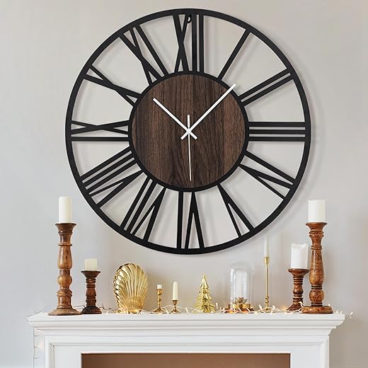 LEIKE Large Wall Clocks for Living Room,Silent,Non Ticking,Battery Operated Oversized Vintage Round Modern Wood Wall Clock for Bedroom,Farmhouse,Office Wall Decor-24 Inch(Black-Roman Numerals)