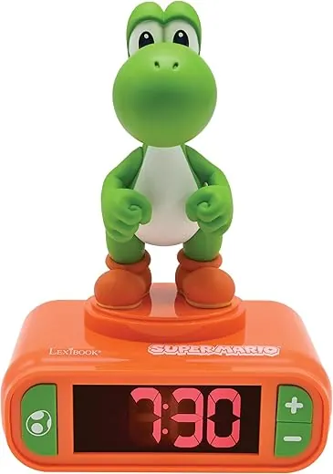 Lexibook, Super Mario, Yoshi Nightlight Alarm Clock, Sounds and Melodies, LCD Backlit Screen, Luminous, Snooze, Red/Green, RL800NI1