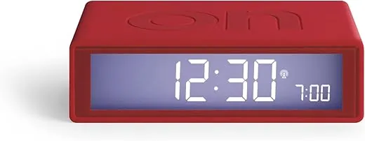 Lexon Flip+ Digital Alarm Clock for bedrooms, Reversible On/Off Faces with Snooze Function, LCD Display & Touch Sensor Light, Battery Operated, Rubber - Red