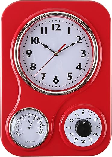 Lily's Home Retro Kitchen Clock with Temperature and Timer (Red)