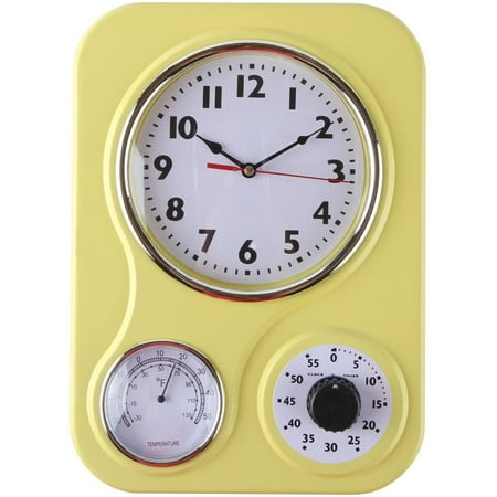 Lily's Home Retro Kitchen Wall Clock, with a Thermometer and 60-Minute Timer, Ideal for Any Kitchen, Yellow (9.5 in x 13.3 in)