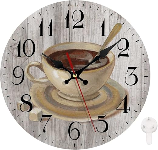 LOKMU Silent Non Ticking Clock 10 Inch, Round Wall Clock,Decorative for Living Room, Kitchen, Home,Bathroom, Bedroom, Office or School, Coffee Cup on Wooden