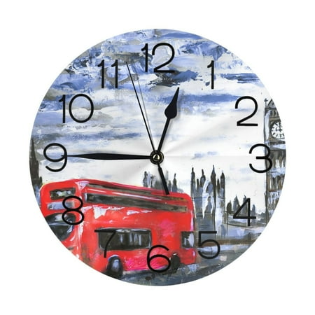 London View Oil Painting Bus Big Ben Wall Clock - 10 Inch Silent Non-Ticking Wall Clocks -Country Retro Rustic Style Decorative For Living Room Kitchen Home Bathroom Bedroom