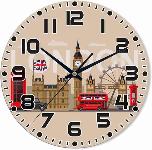 London Wall Clock Landmark City Bus Building Battery Powered Wall Clock Silent Non Ticking 10 Inch for Living Room, Kitchen, Home,Bathroom, Bedroom