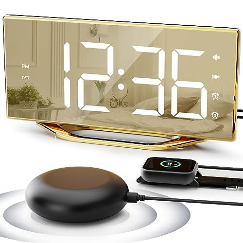 Loud Alarm Clock for Heavy Sleeper, 2 Alarms Big Display Clock with Bed Shaker for Hard of Hearing Deaf,Plug in Bedroom Mirror Clock,Phone Charger,Dimmer,Simple Digital Clock for Senior Adult Teen Kid