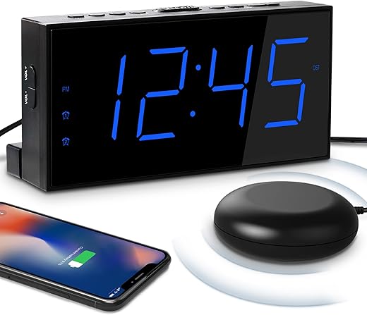 Loud Alarm Clock for Heavy Sleeper,Vibrating Alarm Clock for Hearing Impaired Deaf,Annoying Alarm Clock,USB Port,Dual Alarm with Snooze,7" Large Dimmable LED Display,Battery Backup,Easy to Use,DST