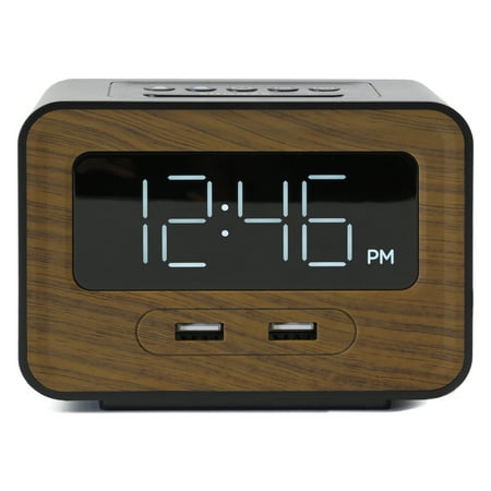 Lumoday Dual USB Charging Station Digital Alarm Clock (Black/Wood)