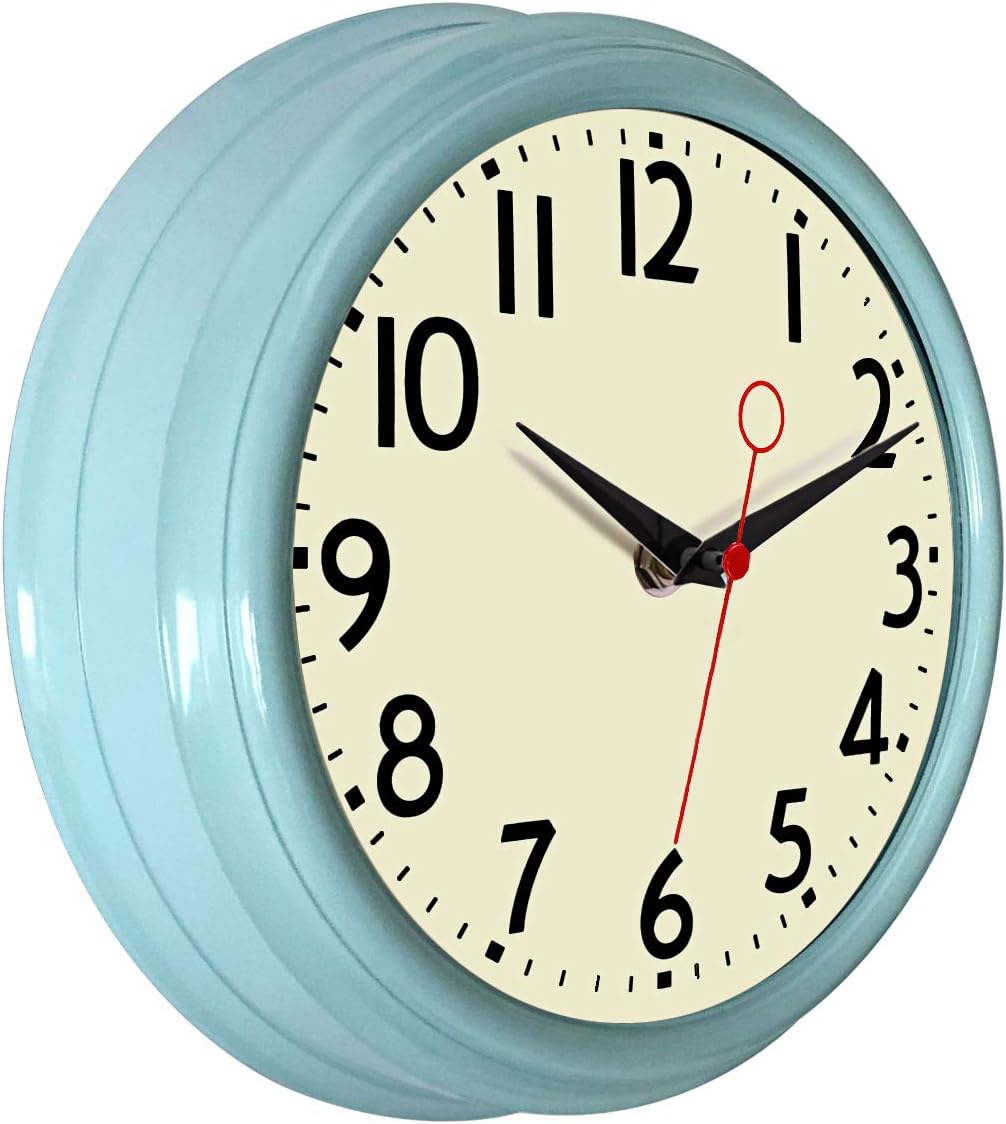 Lumuasky Retro Wall Clock 9.5 Inch Blue Kitchen 50's Vintage Design Round Silent Non Ticking Battery Operated Quality Quartz Clock (Robin Egg Blue)