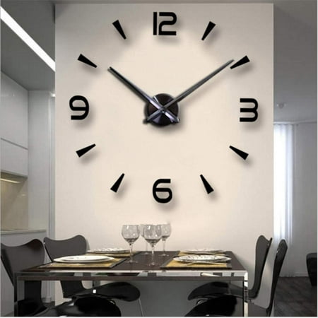 Luniquz 3D DIY Wall Clock Mordern Design Mirror Surface Home Decor Murale Horloge (Black)