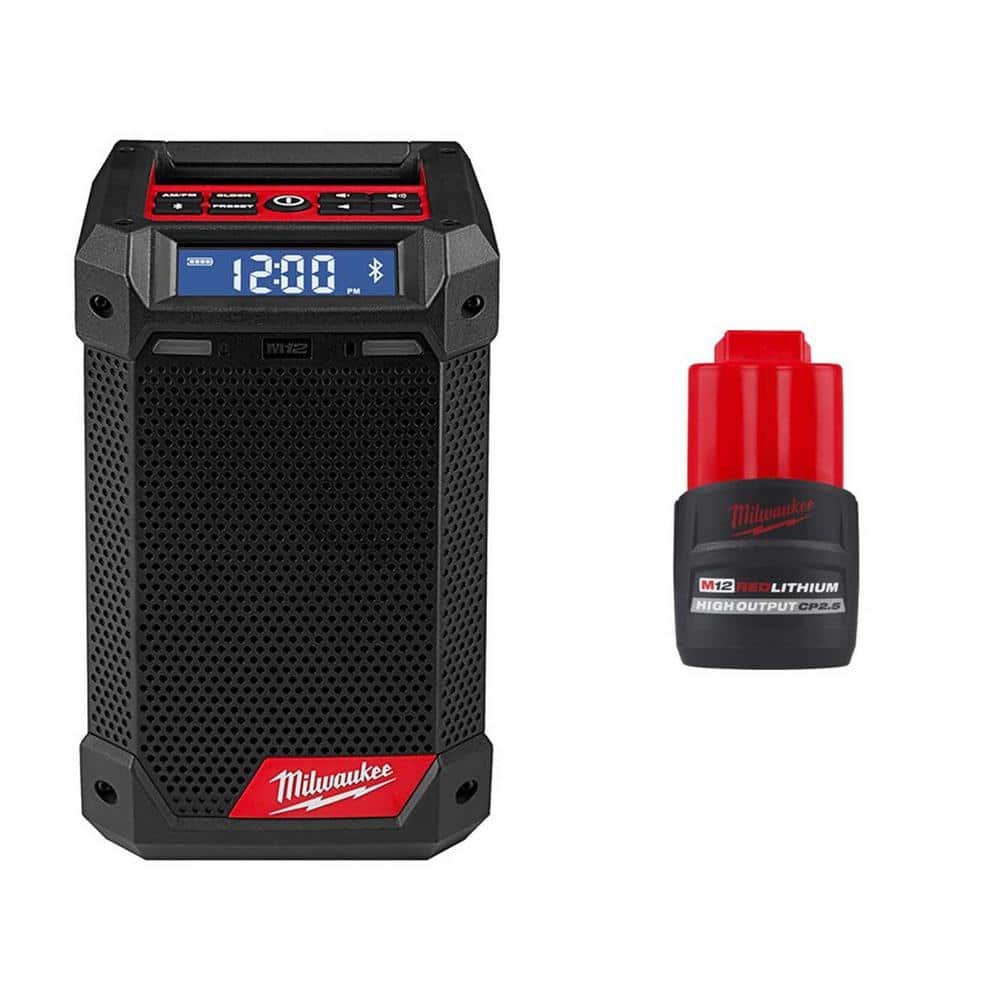 M12 12V Lithium-Ion Cordless Bluetooth/AM/FM Jobsite Radio with M12 12V Lithium-Ion CP...