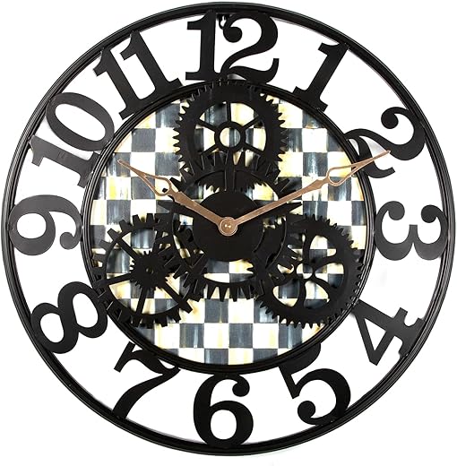 MACKENZIE-CHILDS Farmhouse Wall Clock, Decorative Clock for Kitchen and Living Room, Large, Black-and-White Courtly Check