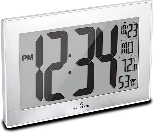 MARATHON Atomic Wall Clock with Stand, White Frame/Stainless Steel Finish - Large, 9-Inch Display - AM/PM or 24-Hour Time Format, Eight Time Zones & Indoor Temperature - Two AA Batteries Included