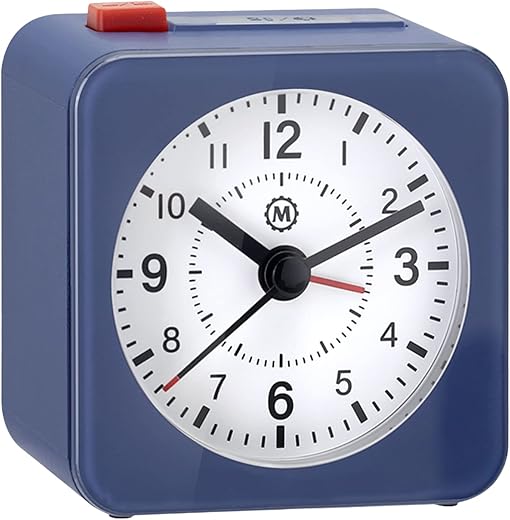 MARATHON Mini Non-Ticking Analog Alarm Clock with Auto Blacklight, Blue/White - Silent Smooth Sweep - Alarm & Snooze Functions - Two AAA Batteries Included