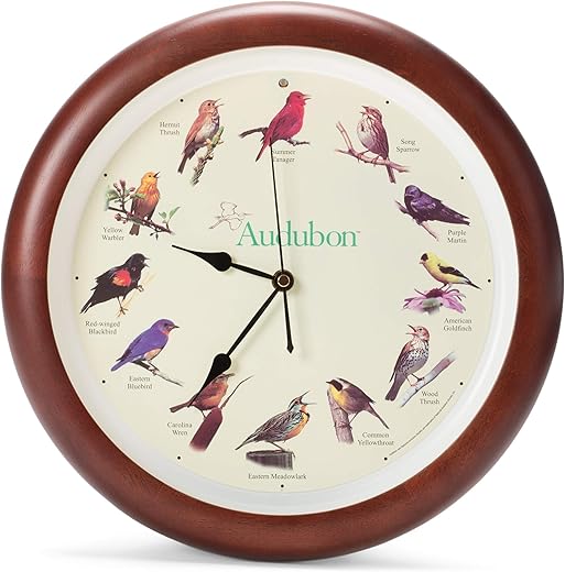 Mark Feldstein Audubon Singing Bird Wall Clock, Cherry Finish Wood Frame 13 Inch