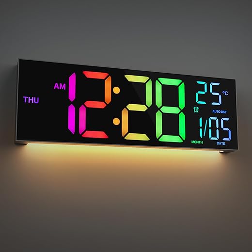 Maxstar Large Digital Wall Clock 16.2 inch Display, with RGB Color,Temperature,Remote Control,4 Level Brightness Dimmer,Night Light,2 Alarm,12/24H,DST Perfect for Home/Office/Garage/Gym/School