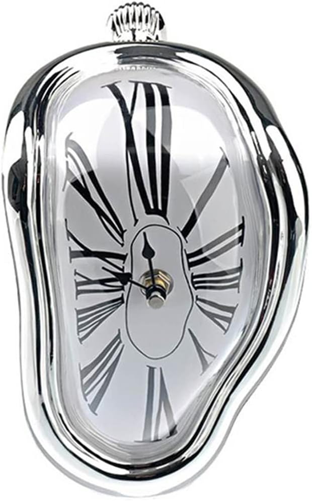 Melting Clock, Melted Time Warp Clock, Plastic Twisted Wall Clock, Hanging Wall Clocks Silent Clock, Funny Creative Home Room Decor, Silver, 6.9×4.5×5.7 in