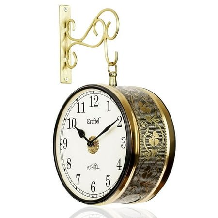 Metal Analog Double Sided Vintage Station Wall Clock with Brass in dial (Shiny Gold_8 Inches)