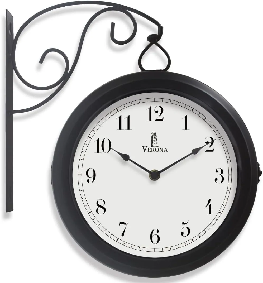 Metal Double Sided Wall Clock 10 - Decorative Indoor Outdoor Double Sided Clock - Easy to Read, Hanging Train Station Clock for Patio, Garden, Office & More - Antique Style Outside Corner Clock Decor