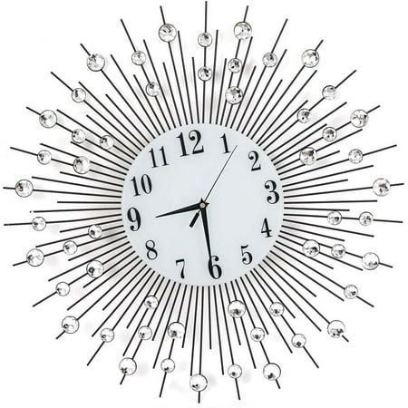 Metal Silver Crystal Quartz Sunburst Design Decorative Clock, Modern Luxury Round Wall Clock for Shop, Kitchen, Living Room and Bedroom, Silver