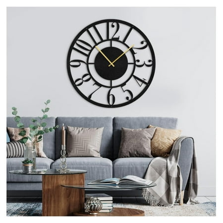 Metal Wall Clock Decor Wall Art Silent Battery Operated, Sunburst Numerals Wall Sculpture Clock Hangings Home Decoration for Living Room, Bedroom, Kitchen, Bathroom - 16 Black