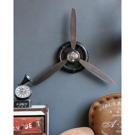 Metal Wall Decor Art Antique Airplane Propeller Aviation Wall Clock for Living Room Bedroom Rustic Wall Sculptures Brown 29.5×26.4 inches