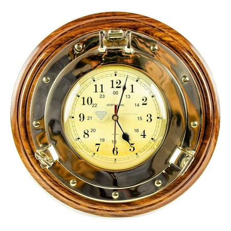 MHSHZLJZK Solid Brass Nautical Porthole Time's Wall Clock On Exclusive Selected Rosewood Base | Premier Wall Decor Gifts & Accessories (12 Inches)