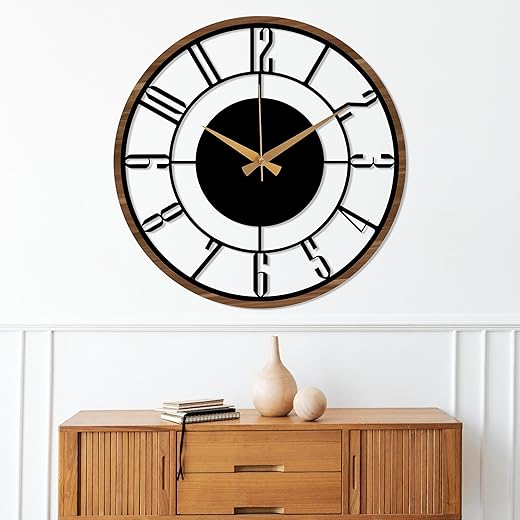 Mid Century Modern Wall Clock, Metal with Wooden Wall Clock, Oversize Silent Clock, Unique Home Clock, Farmhouse Wall Clock, Modern Design Clock Art for Home Decor, Housewarming Gift (13.7 / 35 cm)