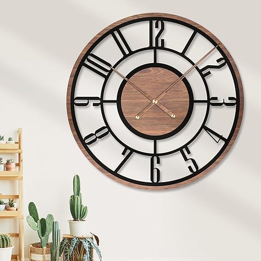 Mid Century Modern Wooden Silent Wall Clock Latin Numeral Large Minimalist Rustic Black 3D Metal Wood Home Decor Farmhouse Kitchen Office Bedroom Living Room Decorative Housewarming Gift (30 inches)