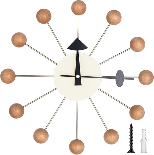 Mid Century Wall Clock -Replica George Nelson Ball Clock for Retro Modern Decor (Light Wood 13)