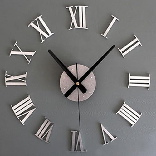 MilesDecor Luxury DIY 3D Wall Clock, Large & Frameless, Self- Adhesive Roman Numerals with Accurate Quartz Movement, Suitable for Home Décor, Living & Dining Room, Kitchen, Study Room, School (Silver)