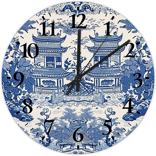 Minimalist Wood Clock Analog Round Non-Ticking Chinoiserie Asian Pagoda White Blue Porcelain Retro Wall Clocks Chinoiserie Toile Oriental Floral Home Decor for Washroom Patio Dining Room 10 inch