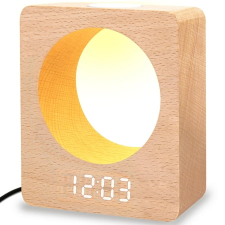 MINKUROW Digital Wooden LED Alarm Clock Made of Solidwood (Beech) with Night Light,3 Alarm Settings,Temperature Detect for Bedroom,Bedside,Desk,Kids