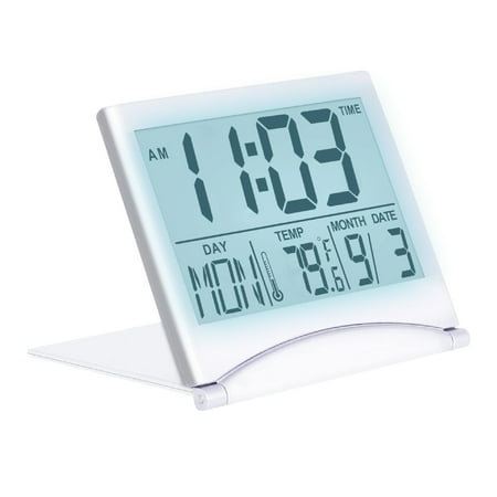 MMOBIEL Digital Clock LCD Travel Alarm Foldable with Backlight – Digital Clock with Day, Date and Temperature Indication – Digital Alarm Clock for Table – Desk Clock Battery Operated – Silver