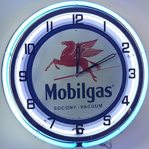 Mobil Mobilgas Large 18" Double Neon Clock w/Metal Sign Flying Red Horse Pegasus