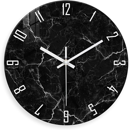 Modern Black Minimalist Wall Clock for Living Room - Glass Marble Pattern Wall Clocks Battery Operated 12 Inch - Decorative Wall Clock Non Ticking