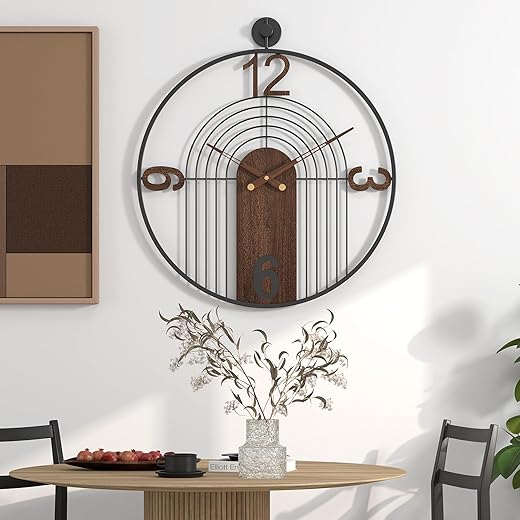 Modern Large Walnut Dial Wall Clock, Wood Metal Frame Silent Non Ticking Wall Clocks Decoration for Living Room, Bedroom, Kitchen, Study, Handmade Home Decor Present Idea, 29.5 Inch