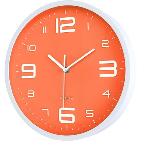 Modern Orange Wall Clock 10 Inch Silent Non Ticking Quartz Clocks with Large 3D Numerals for Living Room Kitchen Kids Room