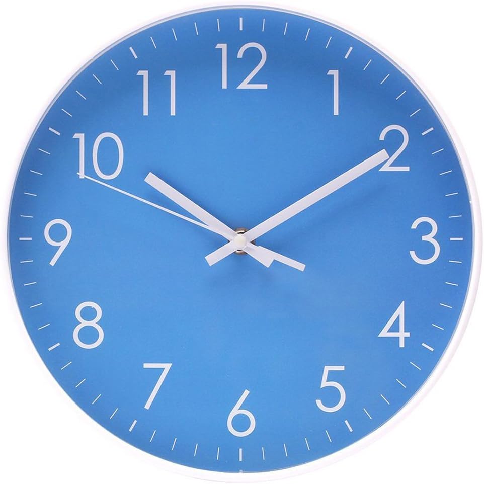 Modern Wall Clock Battery Operated Indoor Non-Ticking Silent Quartz Quiet Sweep Movement Wall Clock for Office,Bathroom,Living Room Decorative 10 Inch Blue