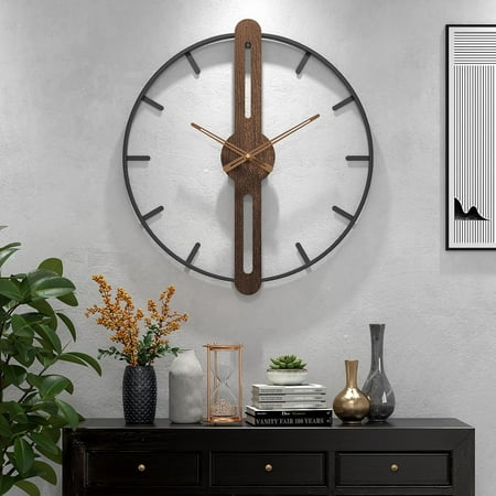 Modern Walnut Dial Wall Clock, Wood Large Wall Clock Decor Metal Frame Silent Non Ticking for Living Room, Bedroom, Kitchen, Study Decoration, Handmade Home Present Idea,