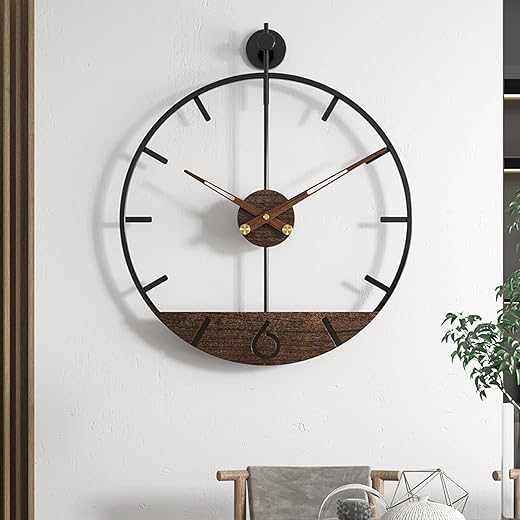 Modern Wood Walnut Dial Wall Clock, Large Simple Wall Decor Metal Frame Silent Non Ticking Clock for Living Room Decor, Kitchen, Bedroom, Study Decoration, Handmade Home Gift Idea, 26.4 in