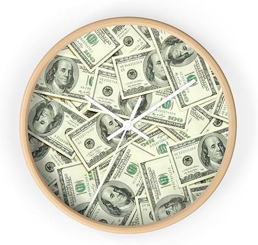 Money Time Themed Wall Clock, Hundred Dollar Bill Design, Decorative Clock, Modern Home Decor, Unique Gift, Finance Wall Art (Black, Large)