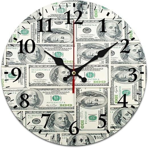 Money Wall Clocks Battery Operated Silent Non-Ticking,Dollar Bills with The Portrait of Ben Franklin,Clock Decorative for Home Kitchen Living Room Office Bathroom Bedroom,Green Grey,12 Inch