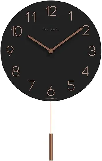 mooas Flatwood Wall Clock Pendulum Black,12 Wood Wall Clock Non-Ticking Sweep Movement Decorative Wall Clock Battery Operated Wall Clock for Home Living Room Kitchen Bedroom Office School